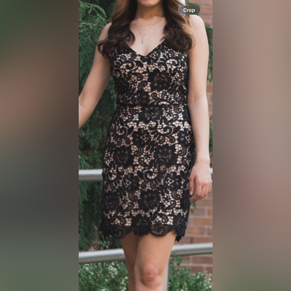 Express Black Lace Overlay with Nude Lining Dress
